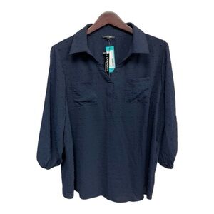 Papermoon Navy Clip Dot Textured V-Neck Blouse, Boho Casual Flowy Top, Size 2X